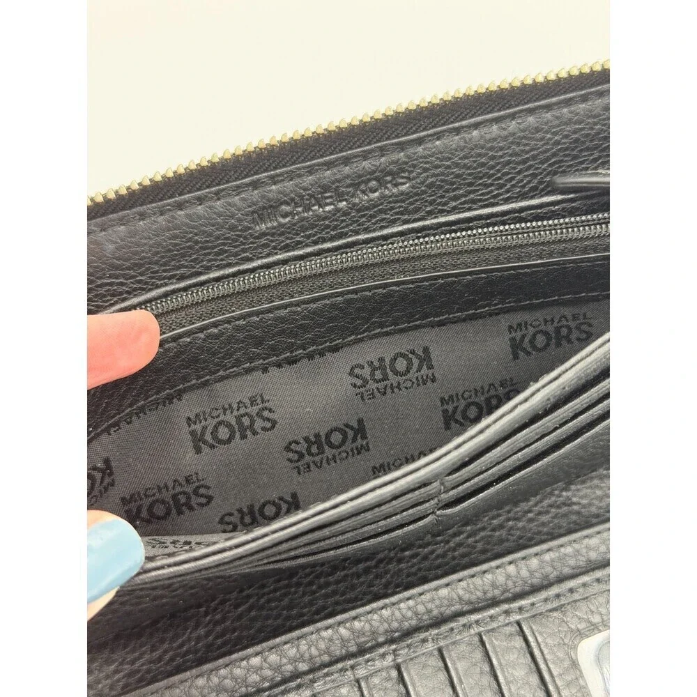 Michael Kors Jet Set Large Travel Continental Black Pebbled Leather Zip Wallet